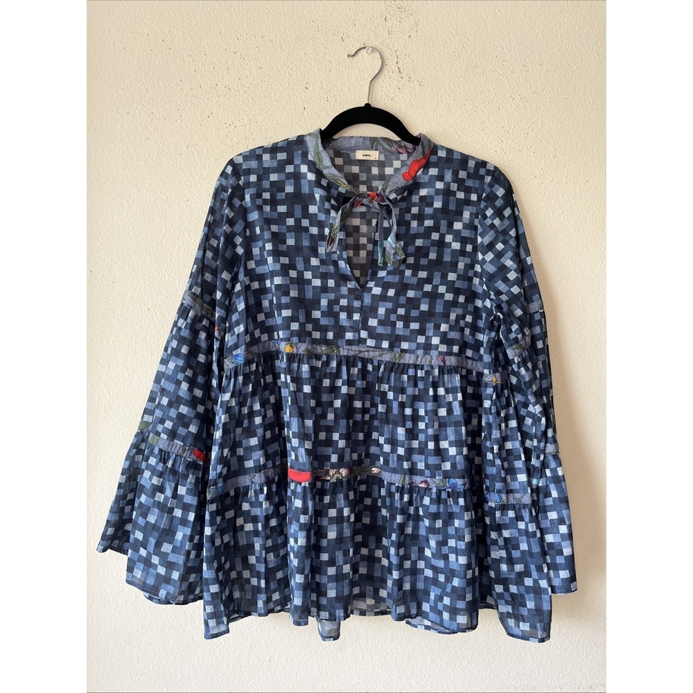 WARM NY Boho Chic Long Sleeve Top Cotton Blue Checked Peasant Top Size L USA